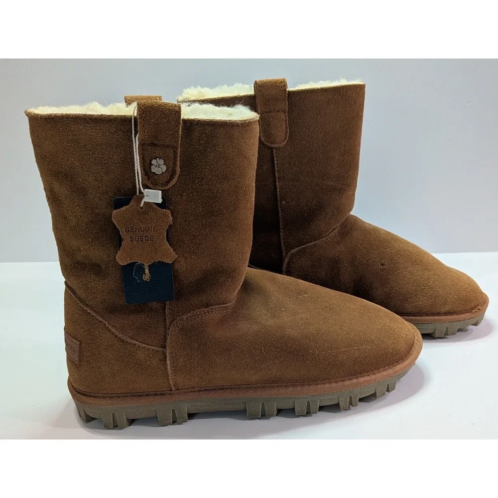 Tommy Bahama Suede Boots Womens 8 Brown New Faux Fur Lined Mid Calf Hibiscus
